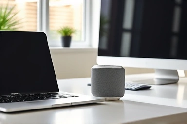 Compact Bluetooth speaker on a modern office desk.