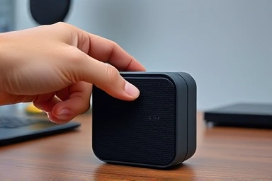 Hand interacting with a small Bluetooth speaker.