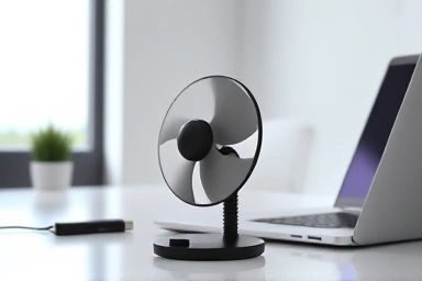Modern office desk with USB fan for productivity