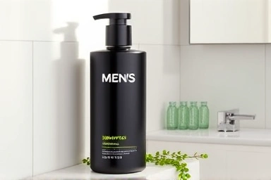 Men's shampoo bottle and green plant on bathroom counter.