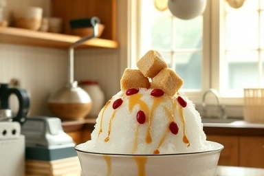 Cozy kitchen scene with vintage ice shaver and old-fashioned red bean shaved ice.