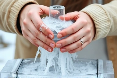 Adult and child's hands turning crank of manual ice shaver together.