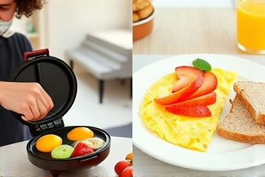 Effortless brunch preparation with an omelette maker and plated meal.