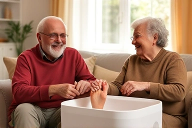 Elderly couple enjoying a foot bath, promoting health and relaxation.