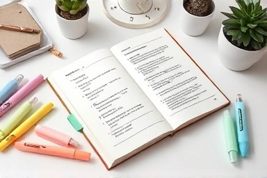 Desk arrangement with pastel highlighters and stationery