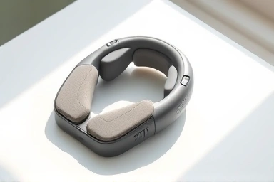 Modern portable neck and shoulder massager on white surface.