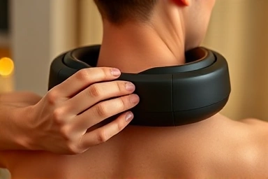 Hands using a portable massager for neck and shoulder relief.