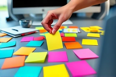 Creative office desk with organized Post-it notes for ideation
