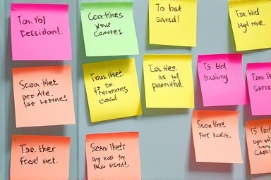 Colorful Post-it notes displaying ideas on a glass partition