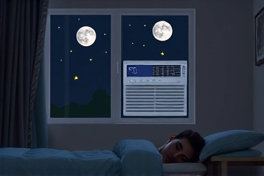 Peaceful bedroom with quiet window air conditioner at night.