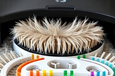 Close-up of robot vacuum brush removing pet hair from carpet.