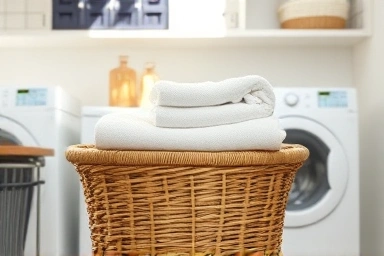 Natural seagrass basket in a bright, organized laundry room.