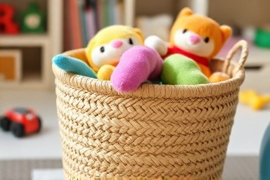 Seagrass basket organizing toys in a cozy playroom.
