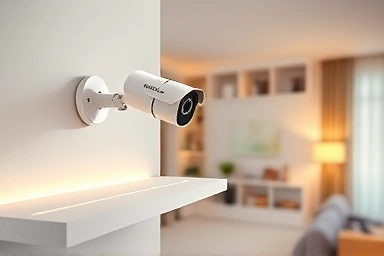 Secure home camera in a cozy living room, symbolizing safety.