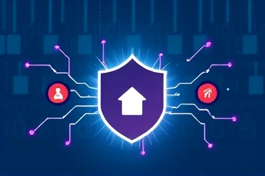 Digital shield protecting home from cyber threats, data encryption.
