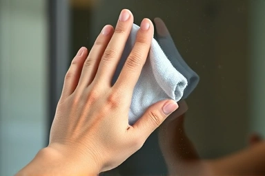 Wiping glass for streak-free shine, easy cleaning.