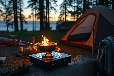 Portable single-burner induction cooktop used for camping.
