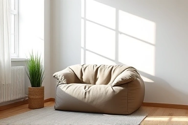 Cozy beanbag sofa in a small apartment living room.