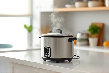 Modern electric ramen pot on a clean kitchen counter.