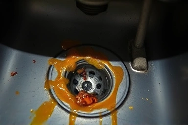 Kitchen sink drain clogged with grease and food debris