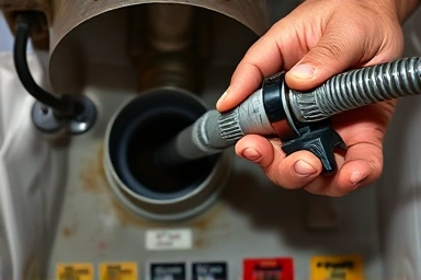 Plumber clearing sink clog with professional drain snake