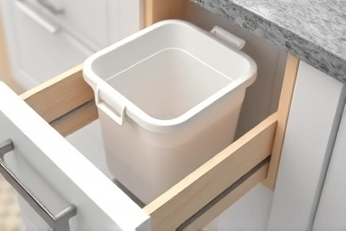 Organized kitchen drawer with hanging waste bin