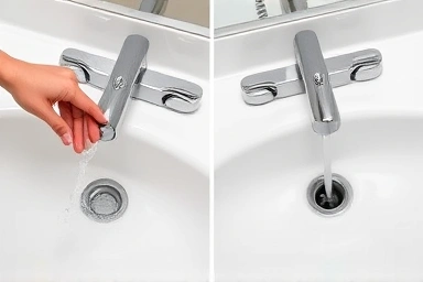 Modern bathroom sink with automatic vs manual popup drain comparison