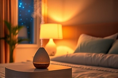 Serene bedroom with aroma diffuser for deep sleep.
