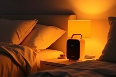 Cozy bedroom with a relaxing Bluetooth speaker.