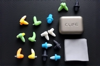 Assortment of premium earplugs, cleaning accessories, high-quality materials.