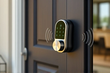 Modern smart door lock with digital security waves