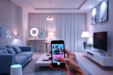 Futuristic smart home living room with smartphone control