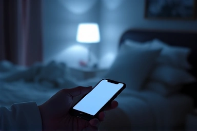 Cozy bedroom with smartphone controlling smart lighting.