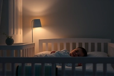 Peaceful nursery with adjustable night light and sleeping baby.