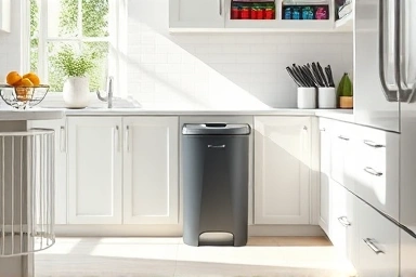 Modern kitchen with organized recycling bin.