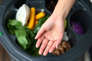 Hand sorting recyclables into an odor-sealed bin.