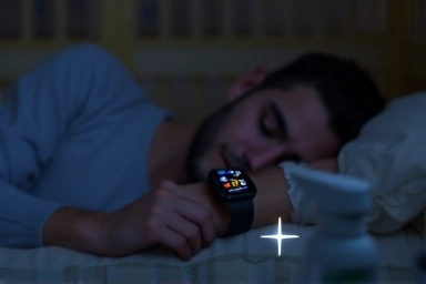 Person sleeping with glowing smartwatch displaying sleep data.