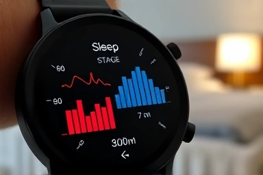 Smartwatch sleep tracking interface with detailed graphs.