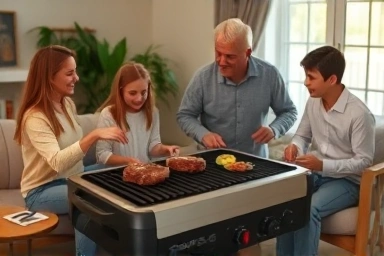 Family enjoying smoke-free indoor electric grill with delicious food.