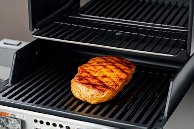 Close-up of advanced smoke-free electric grill technology and cooking.