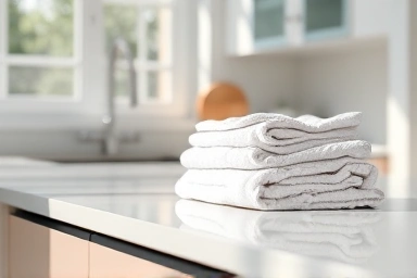 Clean kitchen cloths on a modern counter.