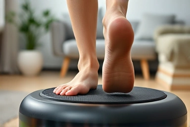 Close-up of feet using a quiet vibration exercise machine at home.