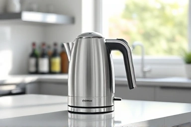 Sleek stainless steel cordless electric kettle on kitchen counter.