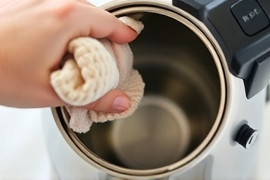 Cleaning the inside of a stainless steel electric kettle.