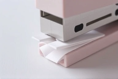 Close-up of stapleless stapler mechanism interlocking paper fibers.