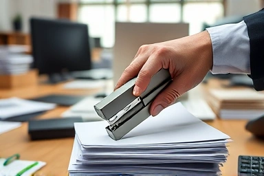Office desk with person using large staple remover for documents