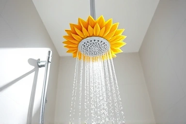 Luxurious sunflower shower head installation in a bright modern bathroom.