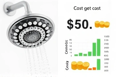 Close-up of sunflower shower head and cost breakdown graphic.