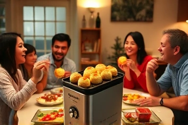Joyful home party with friends making takoyaki