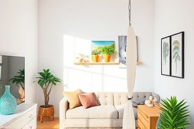 Tension rod creating stylish vertical storage in a small apartment.